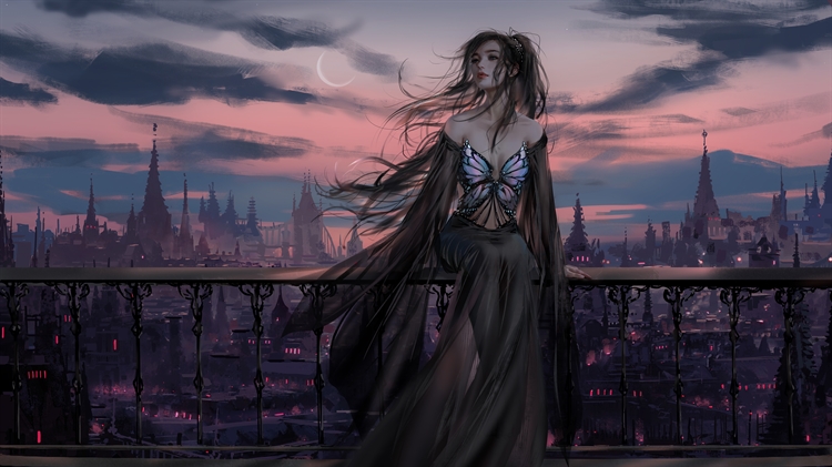 夜晚的天空性感美女身着黑色裙子组成了唯美动漫壁纸，动漫美女栏杆边蝴蝶的胸罩性感美丽遮住了背后美丽的建筑
