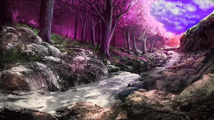 唯美壁纸动漫绘画壁纸，科幻色彩的树木充满森林中的河谷，4k唯美风景壁纸
