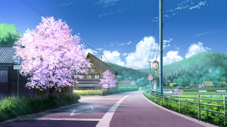 唯美壁纸风景，公路边的樱花小镇，乡下村庄春天的唯美4k动漫风景壁纸

