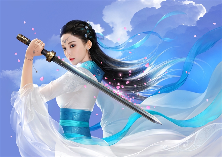 中国风古装3D插画，古风动漫美女玄铁剑青釭剑在手长发飘逸在蓝天白云下的5k动漫美女壁纸

