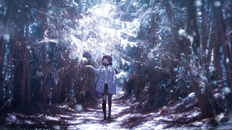 冬季森林中的动漫女孩5K高清风景动漫壁纸，寒冷冬季带围脖的动漫女孩壁纸
