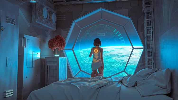 未来科幻太空房间里的机械人动漫女孩，宇宙空间床上小树看这星球4k动漫壁纸
