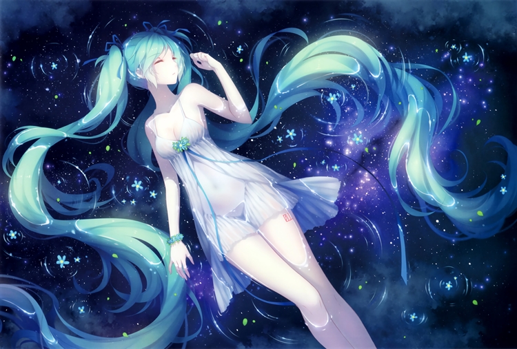 初音未来水中躺，透明的睡衣呈现凸凹有致的动漫少女美，唯美蓝色系4k动漫壁纸
